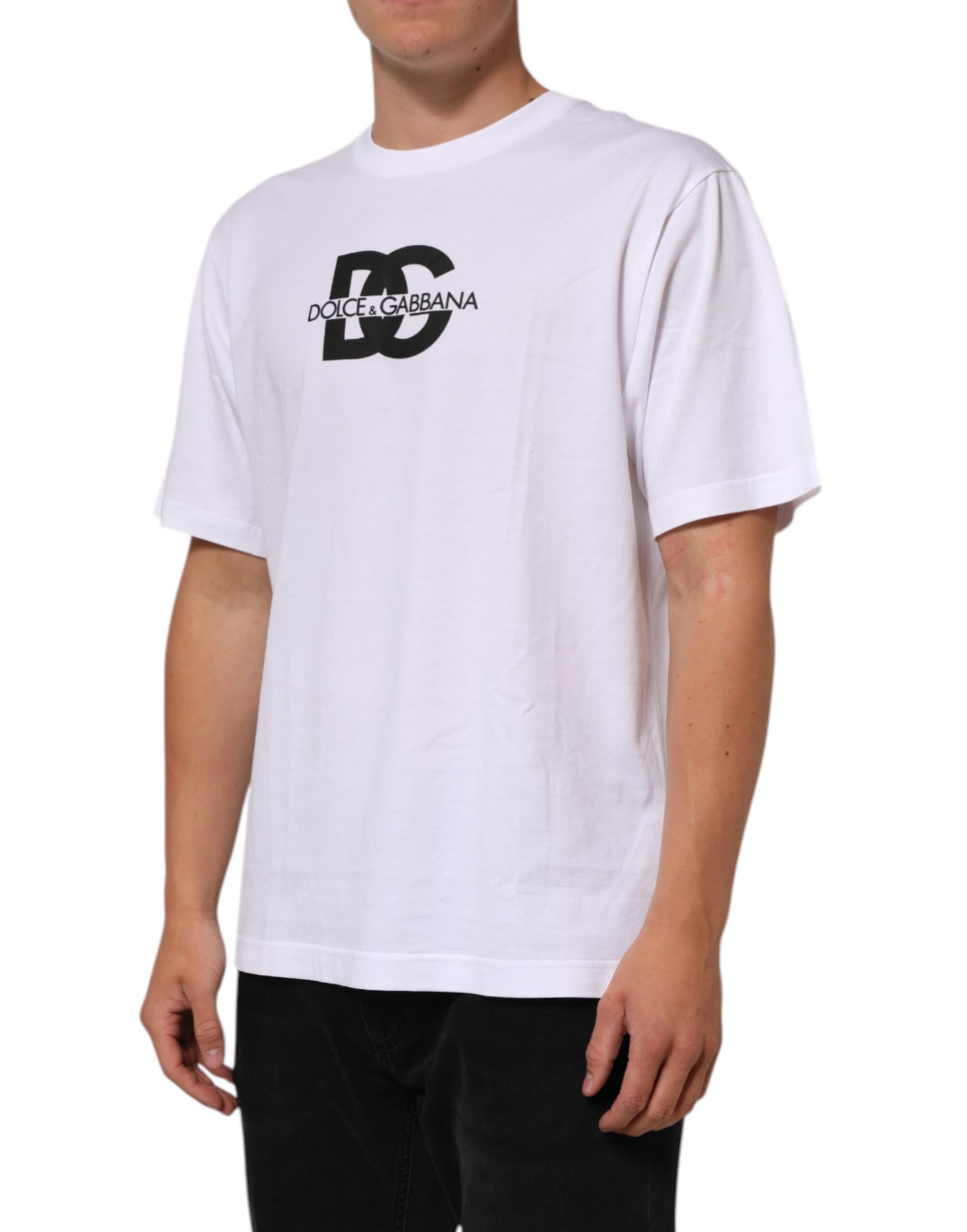 Dolce & Gabbana White Logo Print Cotton Crew Neck T-shirt