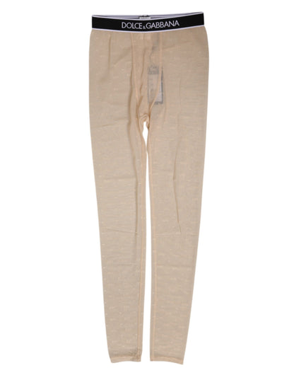 Dolce & Gabbana Beige Nylon Logo Lace Leggings Pants