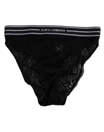 Dolce & Gabbana Black Lace Slip Briefs with Logo Waistband
