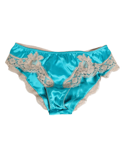 Dolce & Gabbana Blue Silk Satin Floral Lace Trim Slip Underwear