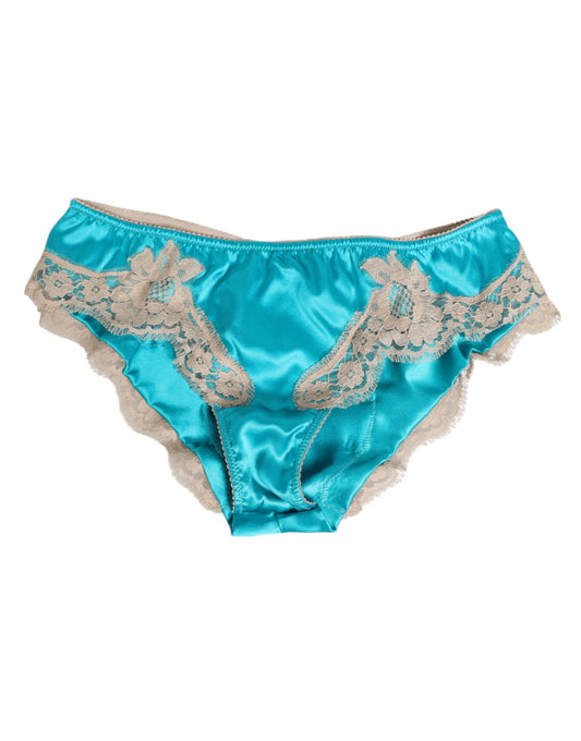 Dolce & Gabbana Blue Silk Satin Floral Lace Trim Slip Underwear