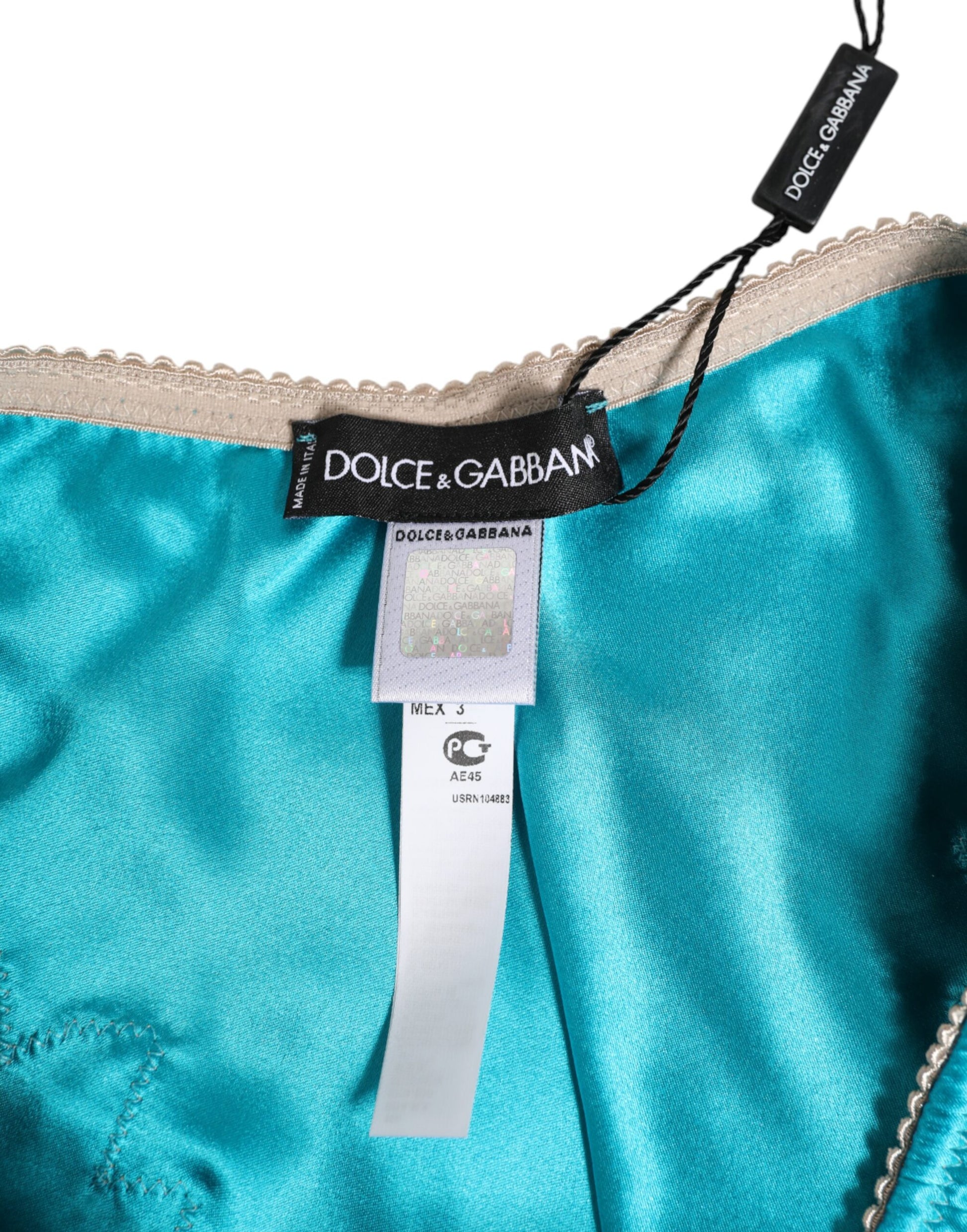Dolce & Gabbana Blue Silk Satin Floral Lace Trim Slip Underwear