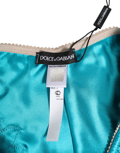 Dolce & Gabbana Blue Silk Satin Floral Lace Trim Slip Underwear