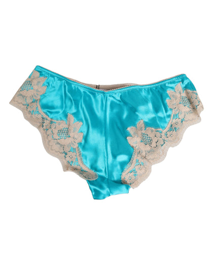 Dolce & Gabbana Blue Silk Satin Floral Lace Trim Slip Underwear
