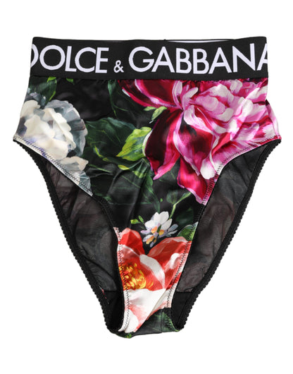 Dolce & Gabbana Black Floral Print High Waist Logo Panty Underwear
