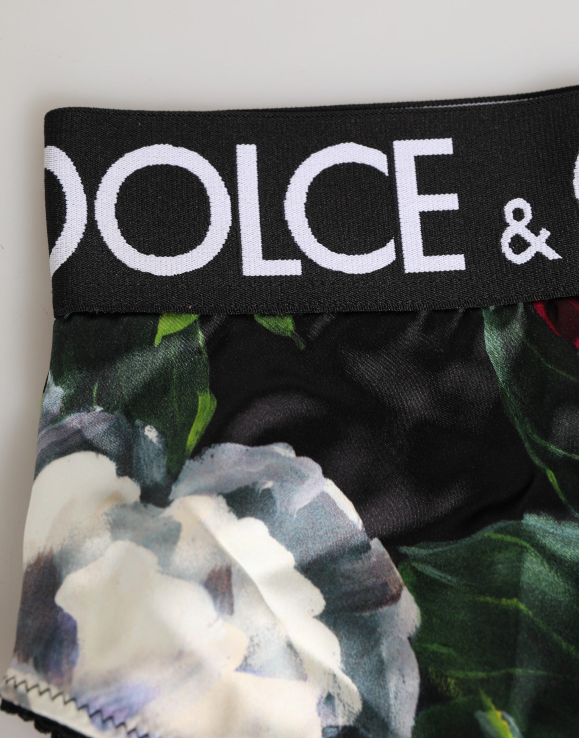 Dolce & Gabbana Black Floral Print High Waist Logo Panty Underwear