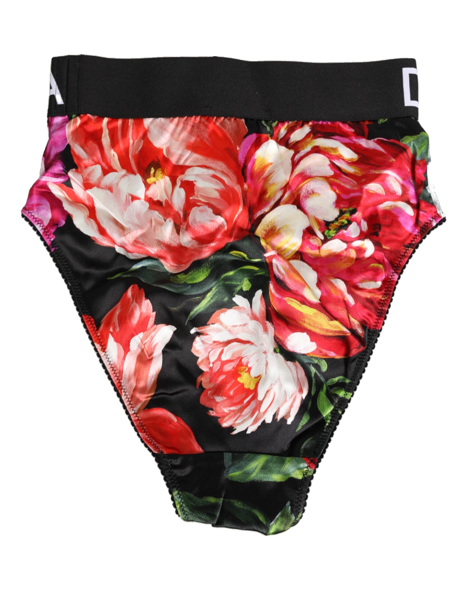 Dolce & Gabbana Black Floral Print High Waist Logo Panty Underwear