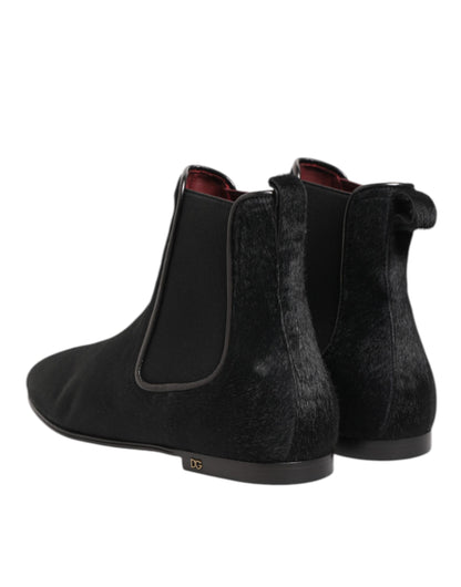Dolce & Gabbana Black Leather Fur Chelsea Boots