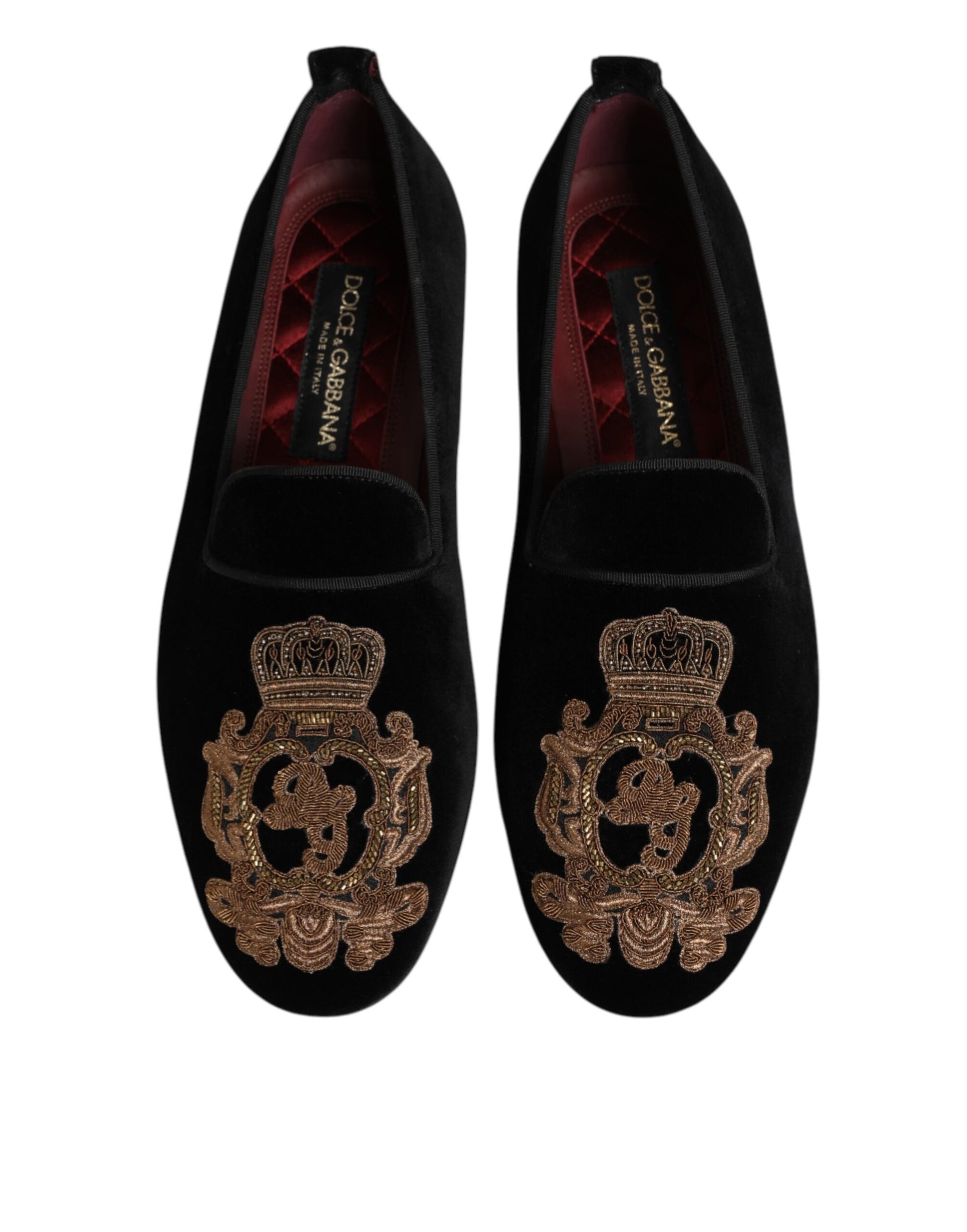 Dolce & Gabbana Black Velvet Gold Crown Mens Loafers