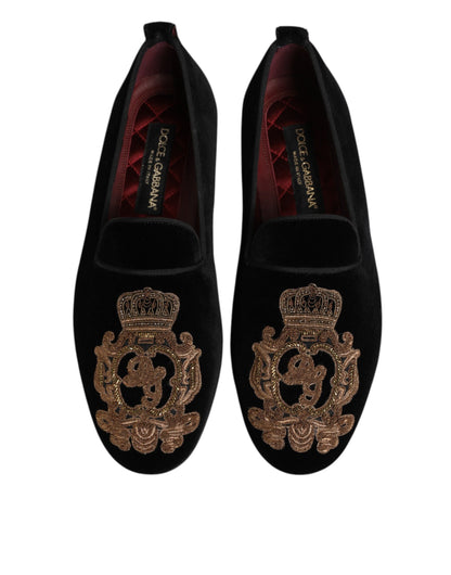 Dolce & Gabbana Black Velvet Gold Crown Mens Loafers