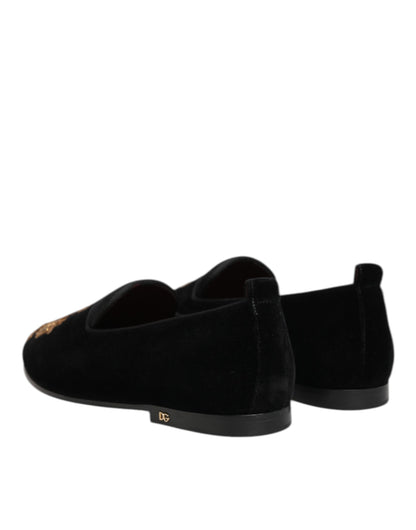Dolce & Gabbana Black Velvet Gold Crown Mens Loafers