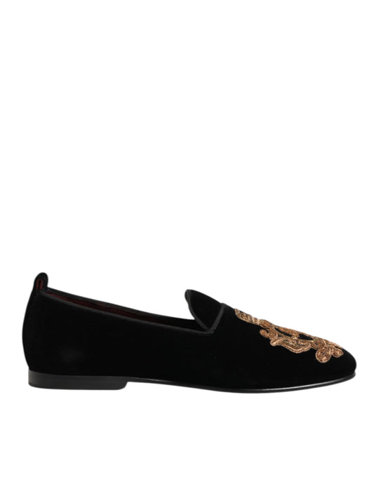 Dolce & Gabbana Black Velvet Gold Crown Mens Loafers