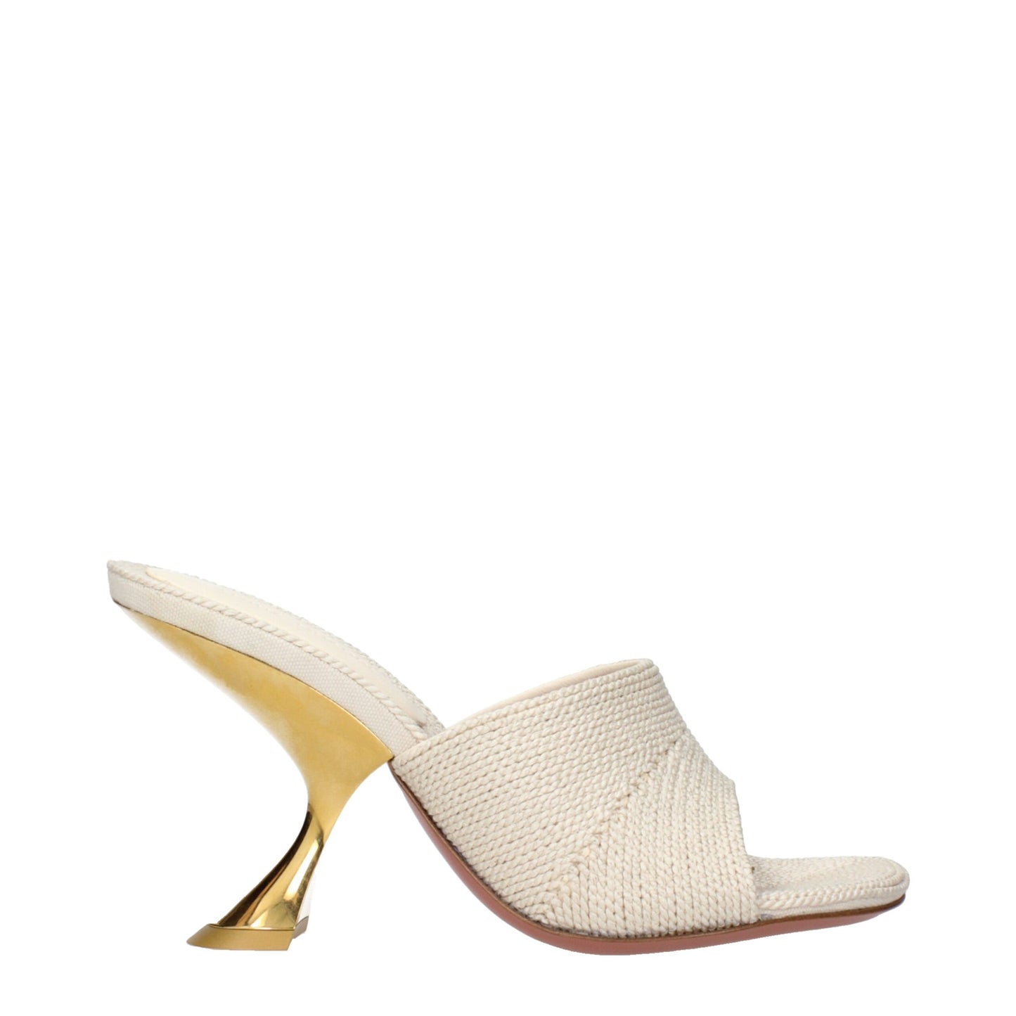 Amina Muaddi Beige Fabric Slip on Sandals with Gold Sculptural Heel