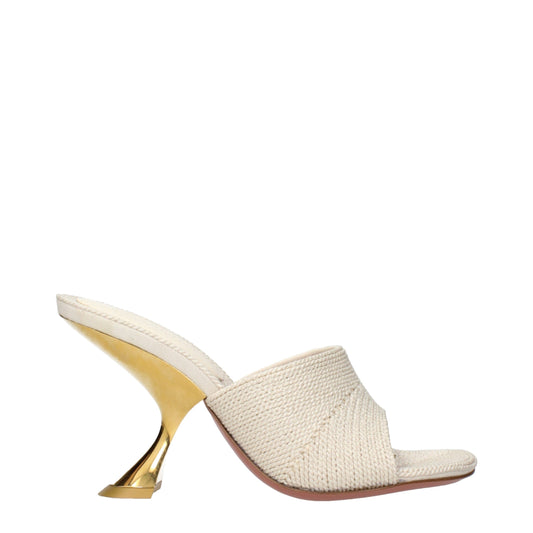Amina Muaddi Beige Fabric Slip on Sandals with Gold Sculptural Heel