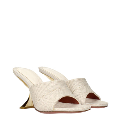 Amina Muaddi Beige Fabric Slip on Sandals with Gold Sculptural Heel