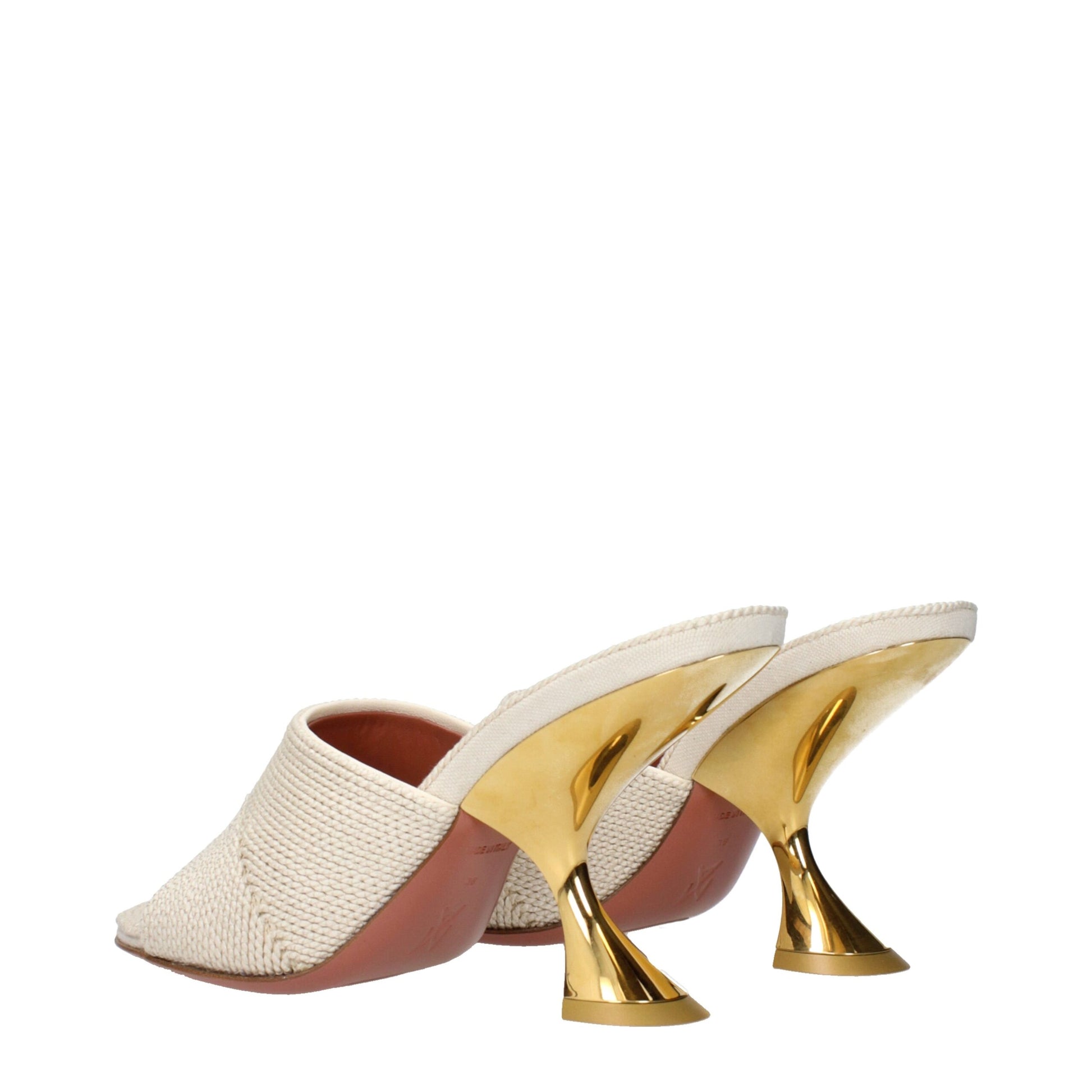 Amina Muaddi Beige Fabric Slip on Sandals with Gold Sculptural Heel