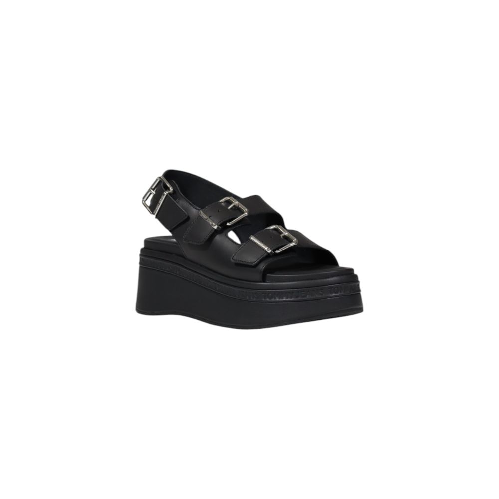 Tommy Hilfiger Jeans Black Leather Sandal Wedge
