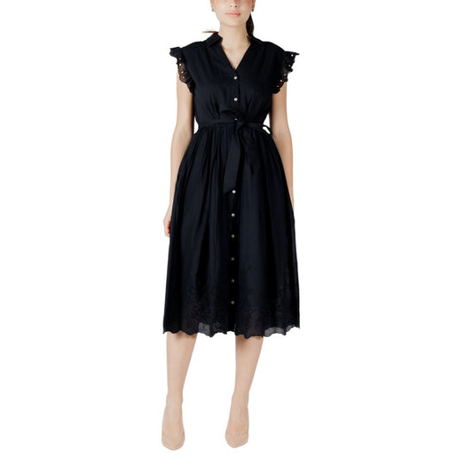 Vila Clothes Black Cotton Midi Dress - Vianglassi V-Neck S/L