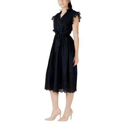 Vila Clothes Black Cotton Midi Dress - Vianglassi V-Neck S/L
