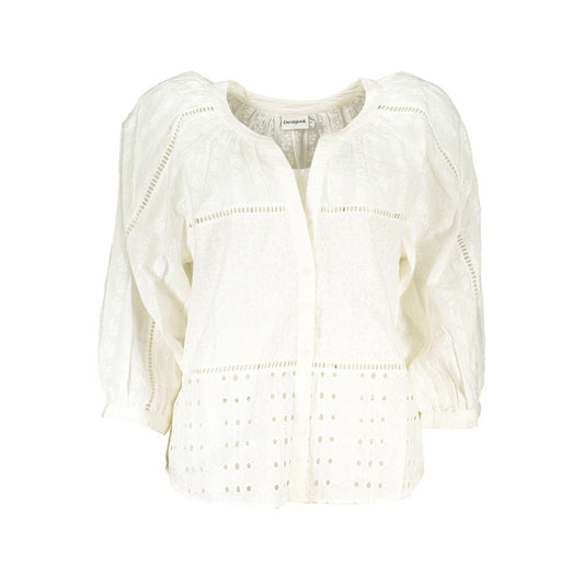 Desigual White Cotton Shirt - Vibrant V-Neck with Bold Contrast
