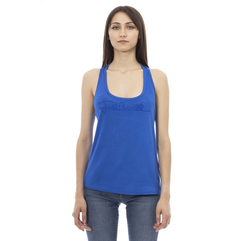 Just Cavalli Blue Viscose Long Tank Top with Rhinestone Logo, Size S-XL