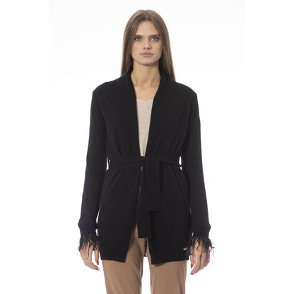 Baldinini Trend Black Wool Cardigan with Belt and Feathers