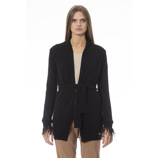 Baldinini Trend Black Wool Cardigan with Belt and Feathers