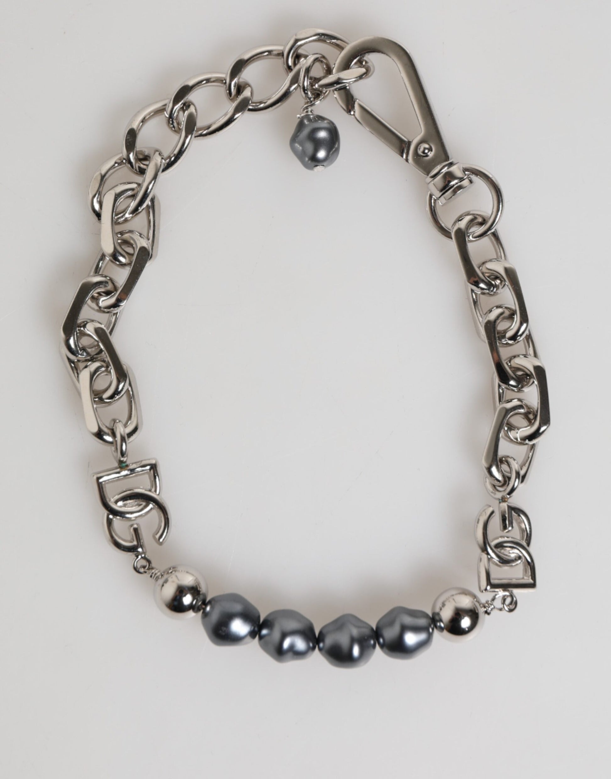 Dolce & Gabbana Silver Tone Chain Lobster Clasp Logo Gray Pearls Bracelet