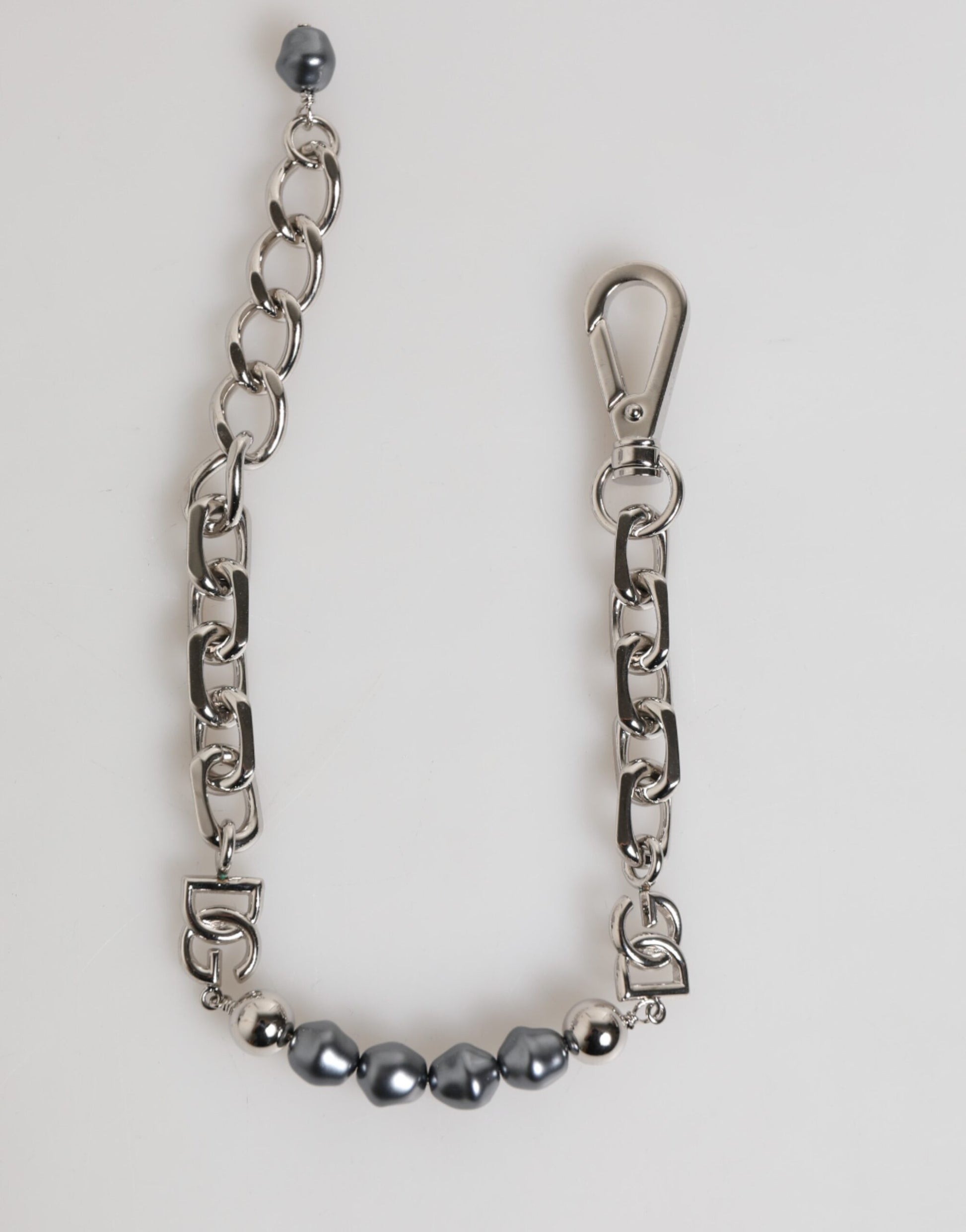 Dolce & Gabbana Silver Tone Chain Lobster Clasp Logo Gray Pearls Bracelet