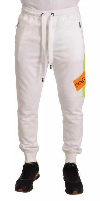 Dolce & Gabbana White Cotton Logo Patch Jogging Pants