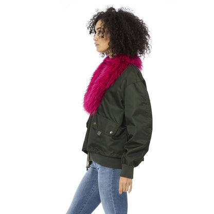 Mr&Mrs Italy Green Polyamide Short Bomber Jacket with Fur Hood