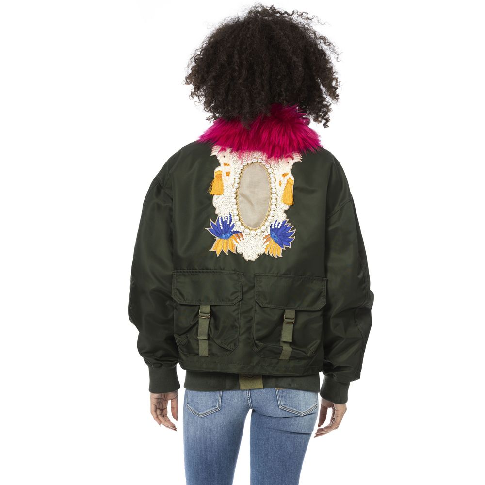 Mr&Mrs Italy Green Polyamide Short Bomber Jacket with Fur Hood