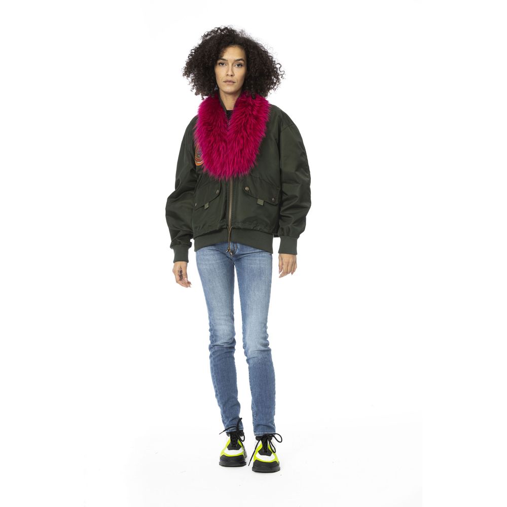 Mr&Mrs Italy Green Polyamide Short Bomber Jacket with Fur Hood