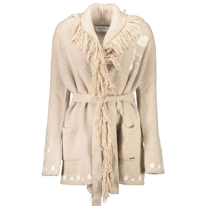 Blugirl Beige Wool Cardigan with Embroidery and Belt