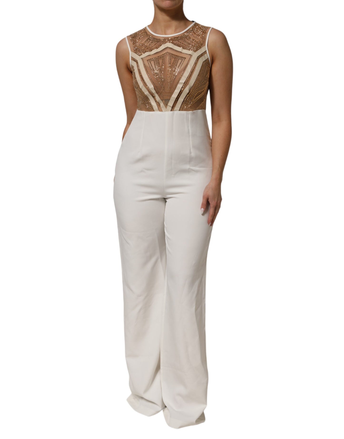 Mangano White & Beige Mesh Gold Crystal Embellished Sleeveless Jumpsuit