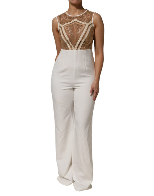 Mangano White & Beige Mesh Gold Crystal Embellished Sleeveless Jumpsuit