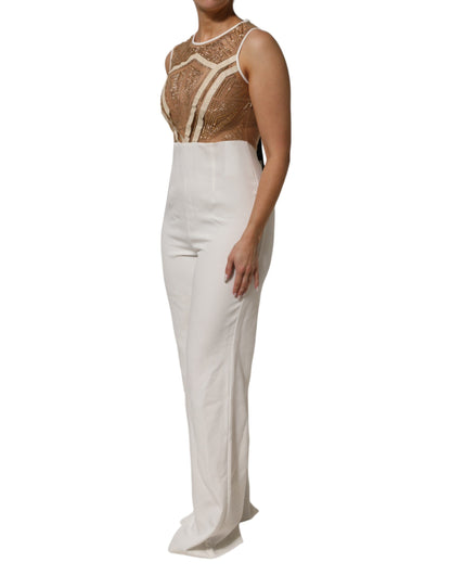 Mangano White & Beige Mesh Gold Crystal Embellished Sleeveless Jumpsuit
