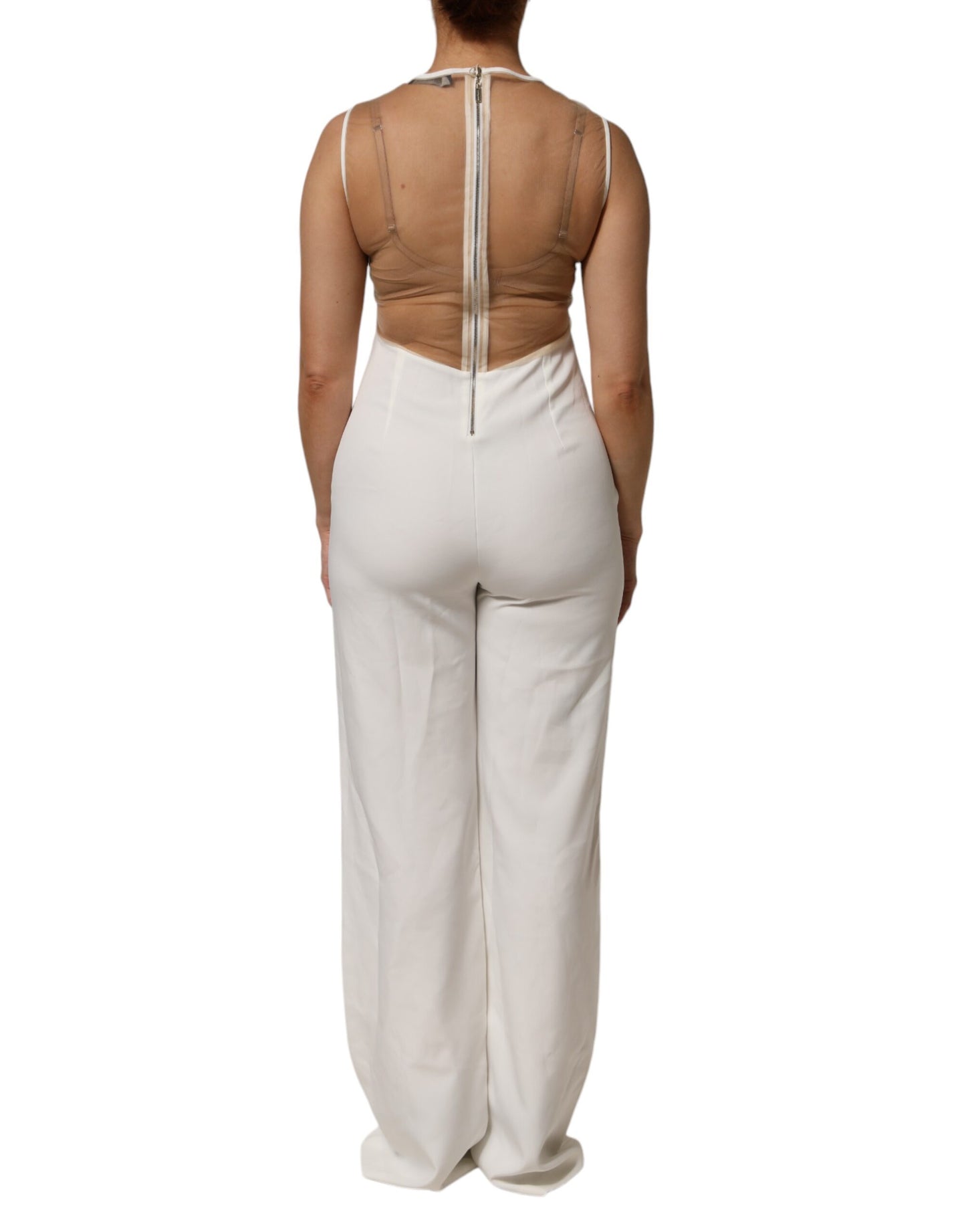Mangano White & Beige Mesh Gold Crystal Embellished Sleeveless Jumpsuit