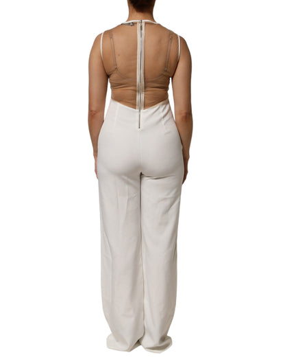 Mangano White & Beige Mesh Gold Crystal Embellished Sleeveless Jumpsuit