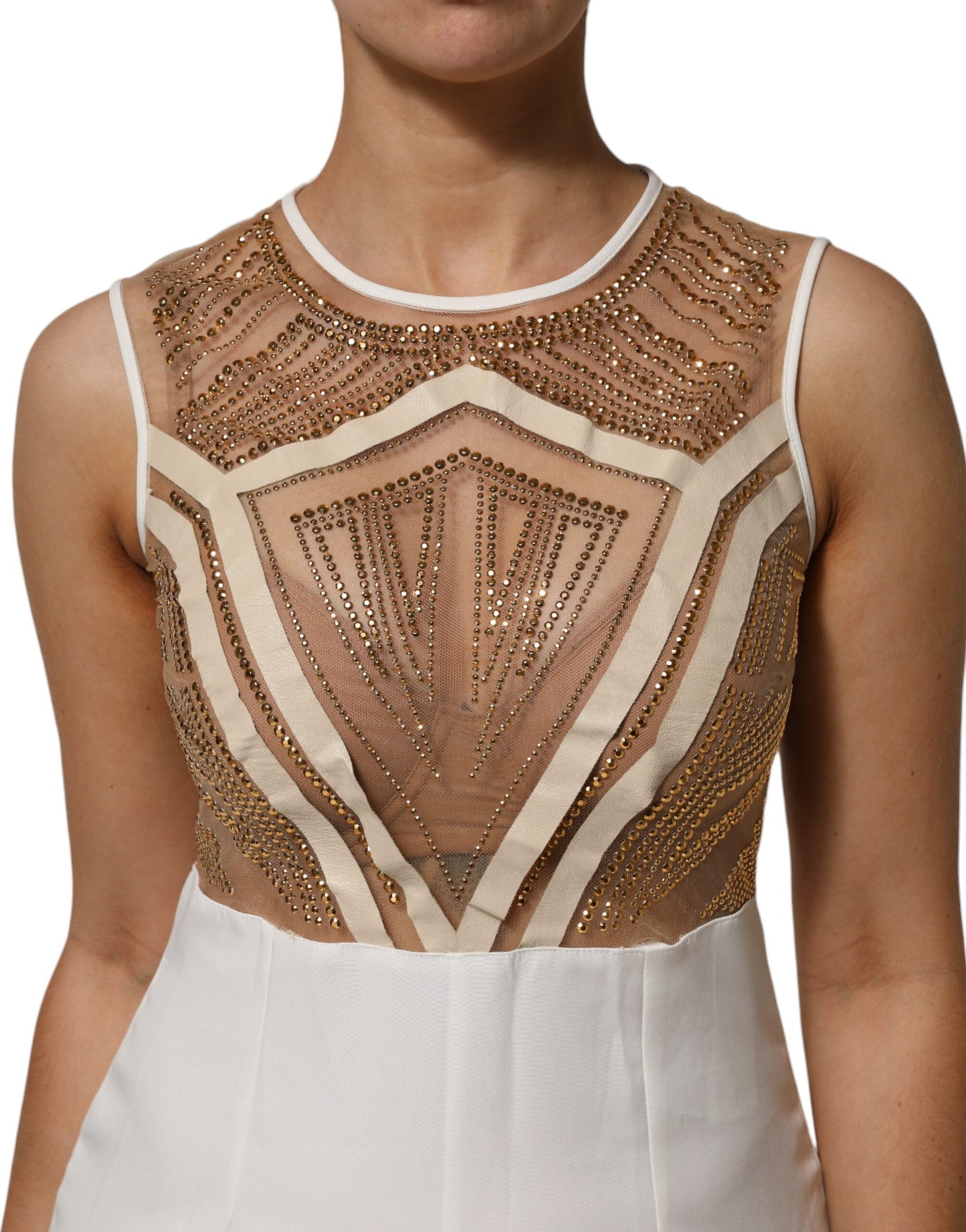 Mangano White & Beige Mesh Gold Crystal Embellished Sleeveless Jumpsuit
