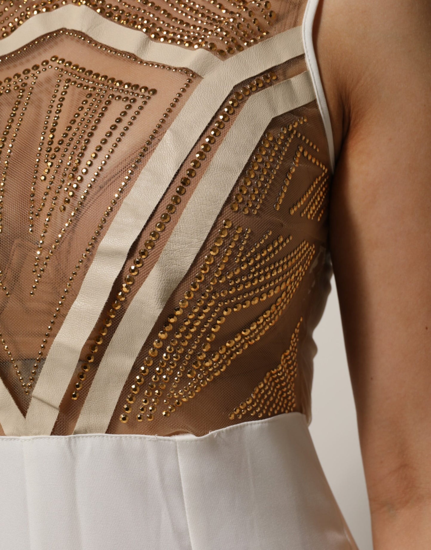 Mangano White & Beige Mesh Gold Crystal Embellished Sleeveless Jumpsuit