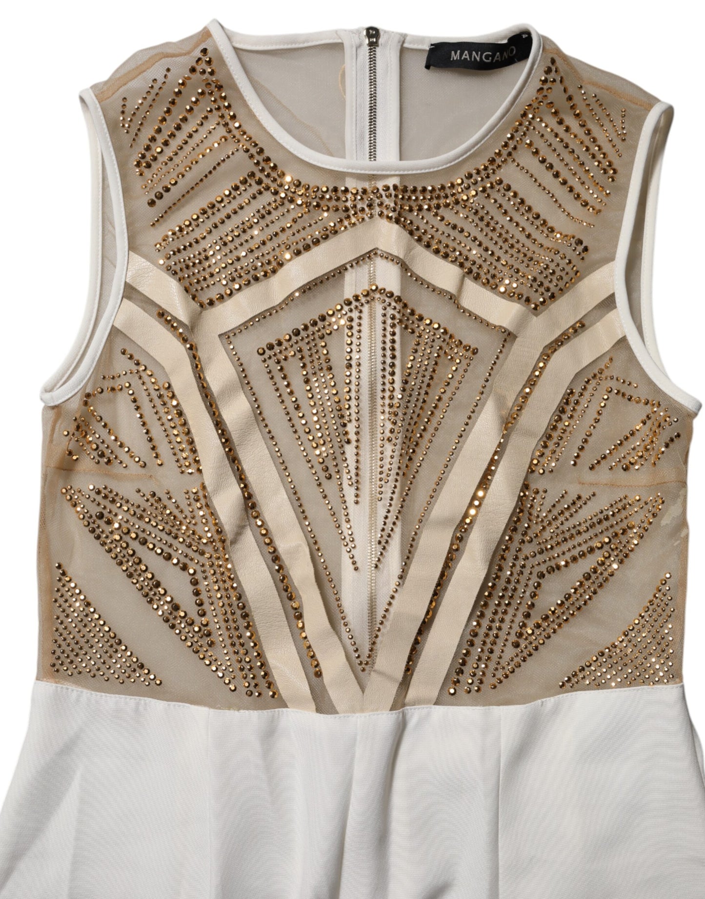 Mangano White & Beige Mesh Gold Crystal Embellished Sleeveless Jumpsuit