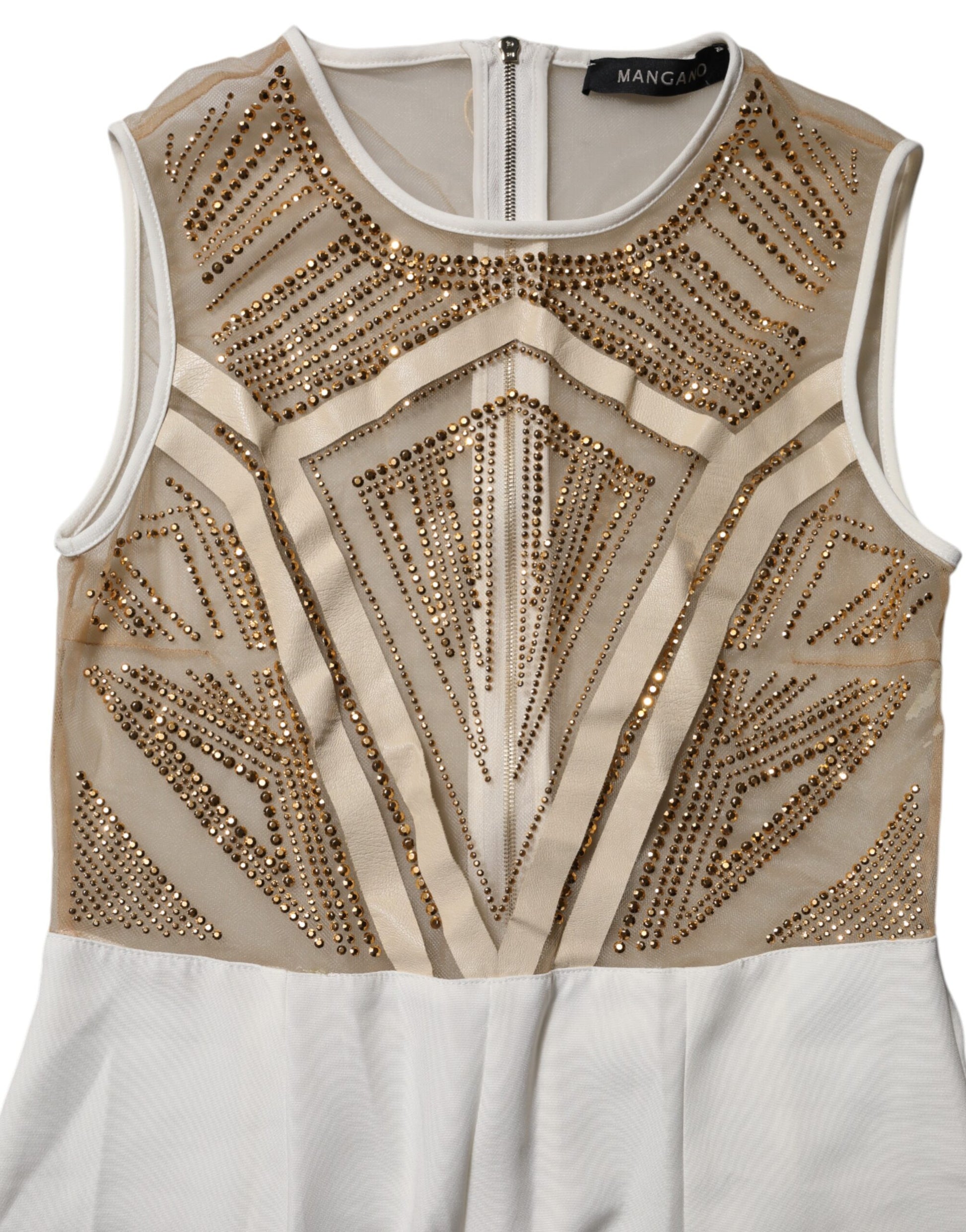 Mangano White & Beige Mesh Gold Crystal Embellished Sleeveless Jumpsuit