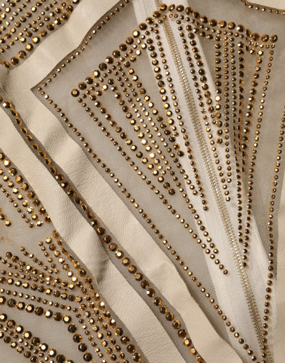 Mangano White & Beige Mesh Gold Crystal Embellished Sleeveless Jumpsuit