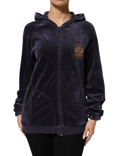 Cavalli Class Purple Cotton Blend Velvet Zip-Up Hoodie Sweatshirt Sweater