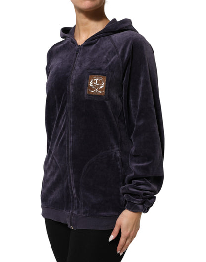 Cavalli Class Purple Cotton Blend Velvet Zip-Up Hoodie Sweatshirt Sweater