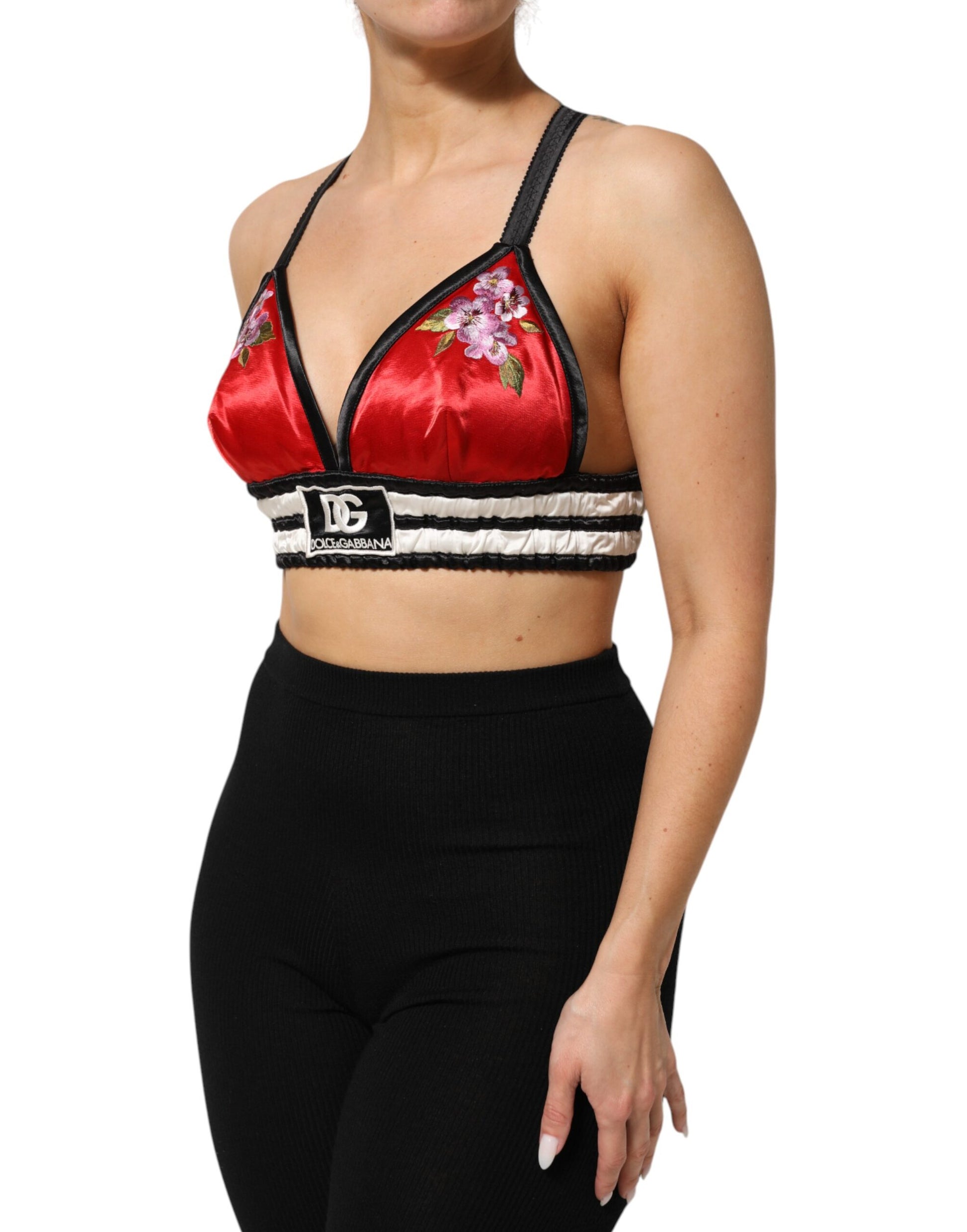 Dolce & Gabbana Red Satin Floral Embroidered Bralette Crop Top