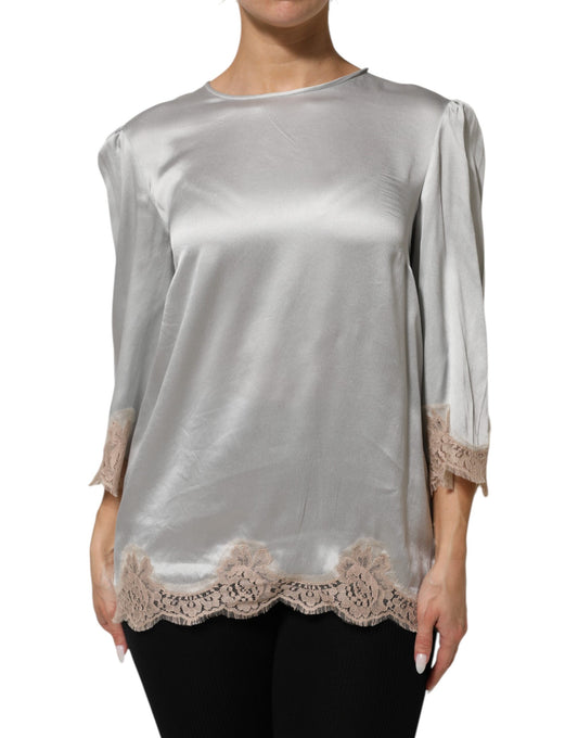 Dolce & Gabbana Gray Silk Satin Floral Lace Long Sleeve Top
