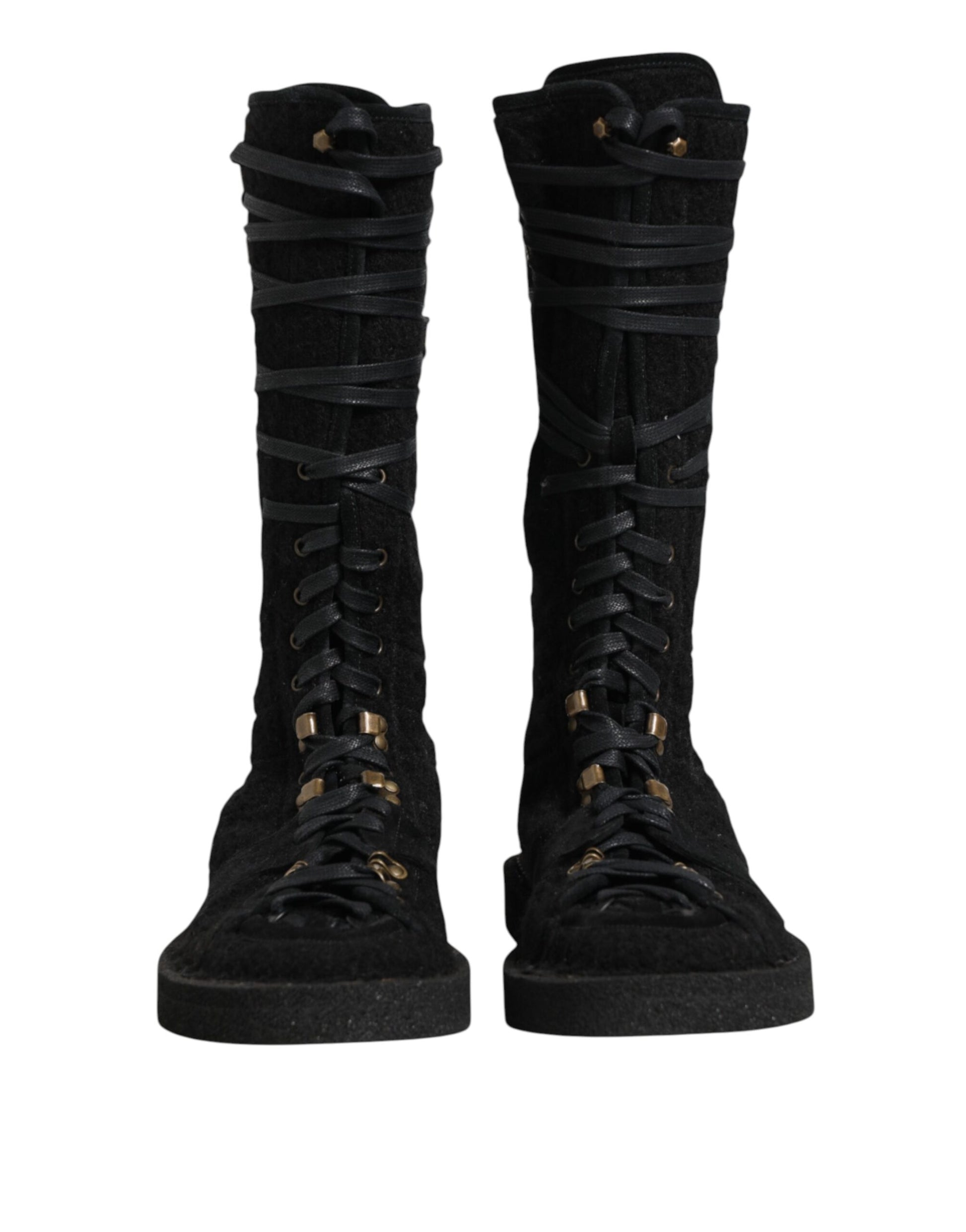 Dolce & Gabbana Black Alpaca Wool Suede Mid Calf Boots
