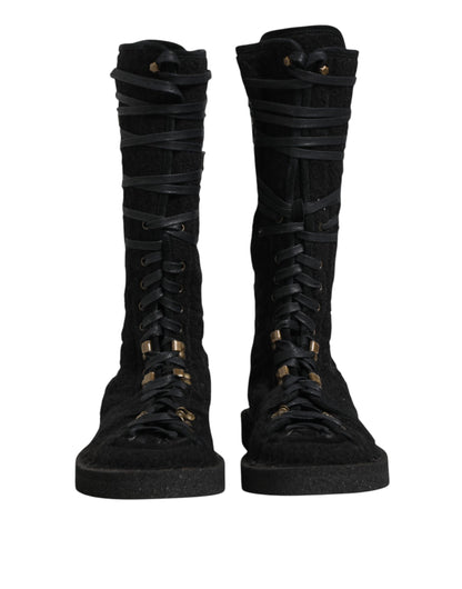 Dolce & Gabbana Black Alpaca Wool Suede Mid Calf Boots